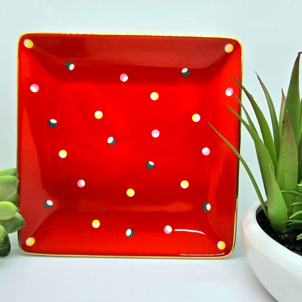 LENOX DOT RED by KATE SPADE Bone China Square Tray 6" Christmas